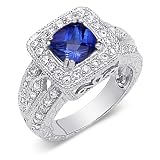Gorgeous Cushion Cut Checker Board Created Blue Sapphire & White CZ Size 6 Gemstone Ring in Sterling Silver