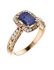 18K Rose Gold 7.00x5.00mm Emerald Cut Iolite and Diamond Ring -- LIFETIME WARRANTY