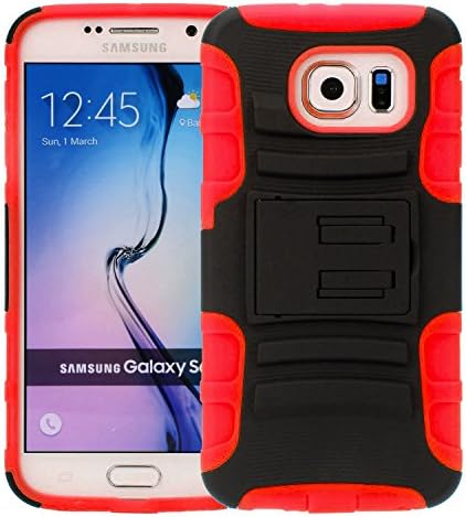 Zone Shop (TM) Samsung Galaxy S6 Titan Rugged Armor Dual Layer Red Hard Shell Defender Case Cover Holster Pack for Samsung Galaxy S6 with Kickstand and Locking Swivel Belt Clip for Samsung Galaxy S6 by Zone Shop