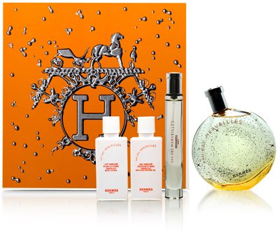 Eau Des Merveilles by Hermes for Women 4 Piece Set Includes: 3.3 oz Eau de Toilette Spray + 1.35 oz Marvelous Body Lotion + 1.35 oz Marvelous Bath and Shower Gel + 0.42 oz Eau de Toilette Spray