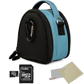 SKY BLUE GRAY Mini Slim Compact Protective Travel Digital Camera Carrying Case with Accessory Compartment For Sony Bloggie Duo / 3D / Touch Point And Shoot Digital Camera + Includes a 8GB Micro SD Card with SD Adaptor + Includes a Universal Anti-Glare Screen Protector Guard