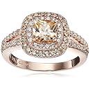 Rose Gold-Plated Sterling Silver Champagne &amp; White Cubic Zirconia Cushion-Cut Double-Halo Ring, Size 7
