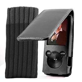 EASYi - Luxury Black Genuine Leather Flip case & Sock for Sony Walkman E Series (2010/2011 Model) 4GB 8GB 16GB (NWZE453B NWZE454B NWZE455B NWZE453R NWZE454R NWZE455R NWZE453P NWZE454P NWZE455P NWZE464B)