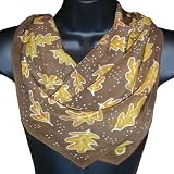 ArtisanStreet's Square Oaken Harvest Hand Painted Silk Scarf. Features Design of Yellow & Orange Oak Leaves on Brown Background. One Of A Kind. Signed By Artisan.