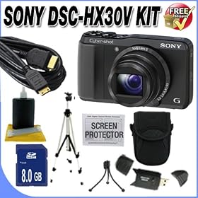 Sony Cyber-shot DSC-HX30V 18.2 MP Exmor R CMOS Digital Camera with 20x Optical Zoom and 3.0-inch LCD (Black) (2012 Model) + 8GB SDHC Class 10 Memory Card + Professional Full Size Tripod + Deluxe Case + USB Card Reader + Memory Card Wallet + Mini HDMI to HDMI Cable + Accessory Kit