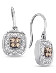 14K White Gold Round Brilliant Cut Chocolate Brown and White Diamond - Square Princess Shape Halo Channel Set Dangle Earrings - (1/3 cttw.)