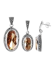 .925 Sterling Silver Oval cut Champagne Cubic Zirconia Marcasite Earrings and Pendant Set