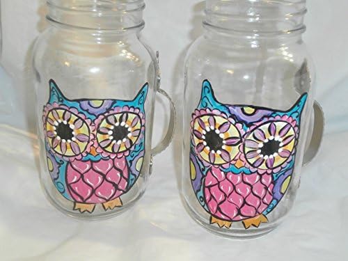 Hand painted Sugar skull owls. handled quart mugs with lid and straws. set of 2.