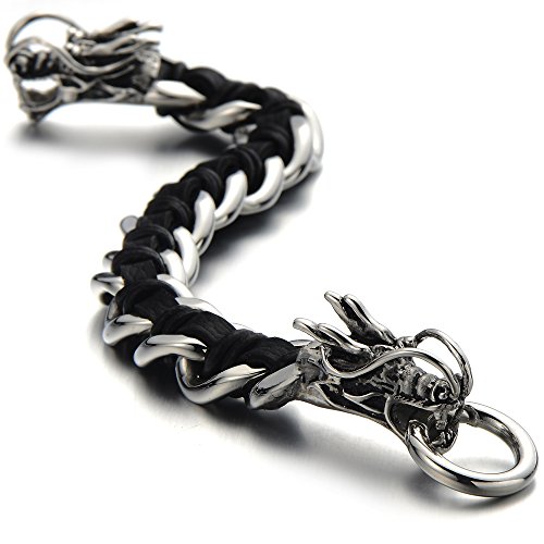 Stainless Steel Mens Dragon Curb Chain Bracelet Interwoven with Black Genuine Leather Strap