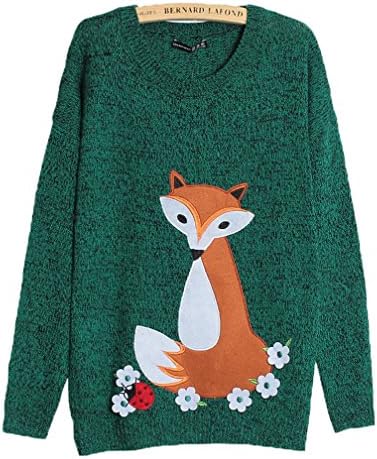 Annisking Womens Sweater Fox Pattern Jumper Loose Pullover Knit Knitwear Green