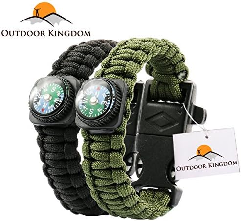 Outdoor Kingdom 2-Pack Emergency Survival Paracord Bracelet with Whistle, Compass, Scraper &amp; Firestarter for Campers, Hikers, Hunters, Boaters, Fishermen &amp; all Nature Enthusiasts (Black/Green)