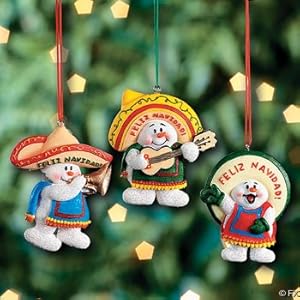 3 FELIZ Navidad SNOWMAN Christmas Ornaments/MEXICAN Holiday DECOR/Tree Decorations