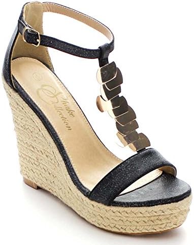 SHAKE COLLECTION ELLA Women's Ankle T-Strap Espadrilles Wedge Platform Sandals, Color:BLACK, Size:6