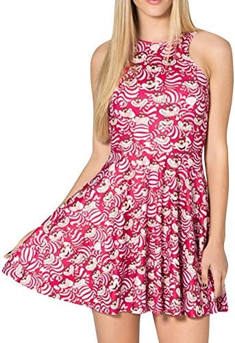 Fecland Women's Summer An Piece Sleeveless Cartoon Print Skater Dress Red Asian S