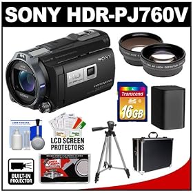 Sony Handycam HDR-PJ760V 96GB 1080p HD Video Camera Camcorder with Projector with 16GB Card + Battery + Hard Case + Tripod + Wide Angle & Telephoto Lenses + Accessory Kit