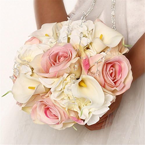 Skue European style flannel girly pink roses bouquet wedding bride holding flowers Calla lily toss bouquet with pearl rhinestone
