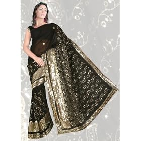 BLACK Faux Georgette Exclusive Bollywood Partywear Designer Heavy Sequin Embroidery work Sari Saree Bellydance costume