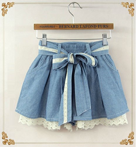 デニムショートパンツ キュロット フレアースカート ガーリー レース リボン ウエストバンド フリーサイズ ホットパンツ ショートパンツ ボトムス　ジーンズ デニム 美脚 レディース 夏物 キュート 足長 K-299