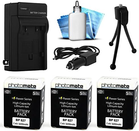 (3 Pack) PhotoMate BP-827 BP827 Ultra High Capacity Rechargable Battery (3200mAh) + Rapid Home AC Wall Charger + Car Adapter + Euro Plug + Cleaning Kit + Mini Tripod for Canon VIXIA / LEGRIA HF S10, S11, S20, S21, S30, S100, S200, M30, M31, M32, M31, M36, M40, M41, M300, M306, M400, G10, XA10, HF10, HF11, HF20, HG20, HG21, HG30, HF100, HF200, HFS10, HFS11, HFS20, HFS21, HFS30, HFS100, HFS200, HFM30, HFM31, HFM32, HFM31, HFM32, HFM36, HFM40, HFM41, HFM300, HFM306, HFM400 Video Camera / Camcorder
