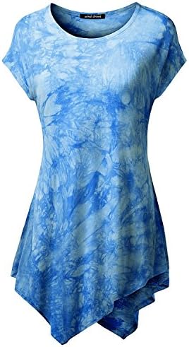 W&amp;C Women's Comfy Tie Dyed Short Sleeve Ombre Tunic Shirt Top With Various Hem (XL, Blue)