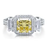 Sterling Silver 925 Princess Cut Canary Cubic Zirconia CZ 3-Stone Ring - Nickel Free Valentine Engagement Ring