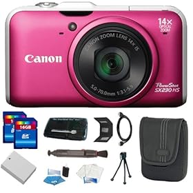Canon PowerShot SX230HS 12 MP Digital Camera with HS SYSTEM and DIGIC 4 Image Processor (Pink) + 32GB Deluxe Accessory Kit