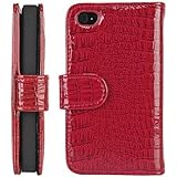 Red Wallet Style Magnetic Flip Textured Crocodile Leather Case with Credit Card / ID Slots for iPhone 4 / 4s (AT&T, Verizon, Sprint)