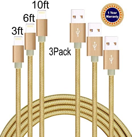 Jricoo 3pcs 3FT 6FT 10FT Lightning Cable Popular Nylon Braided Charging Cable Extra Long USB Cord for iphone 6s, SE, 6s plus, 6plus, 6,5s 5c 5,iPad Mini, Air,iPad5,iPod on iOS9.(gold).