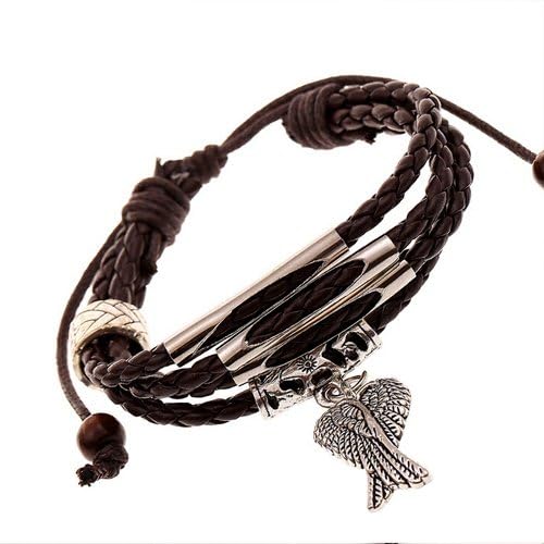 Bracelet Pulseira Korean Trendy Simple Design Leather Chain Women Bracelet Antique Silver Plated Double Angel Wings Pendant Cuff Bracelet