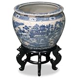 Hand Painted Porcelain Fishbowl Planter - Chinese Blue and White Motif, 16" Dia.