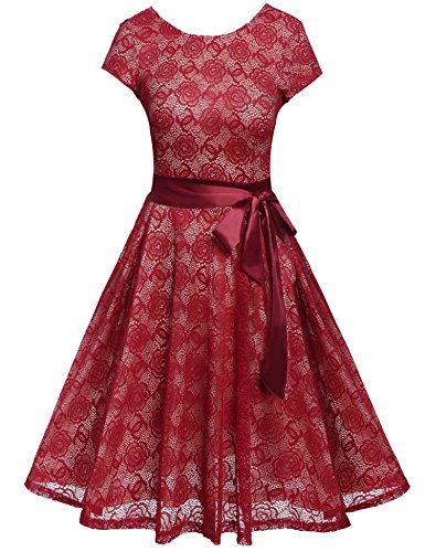 Meaneor Ladies Scoop Neck Cap Sleeve Casual Pullover Lace Skater Dress (Burgady/S)