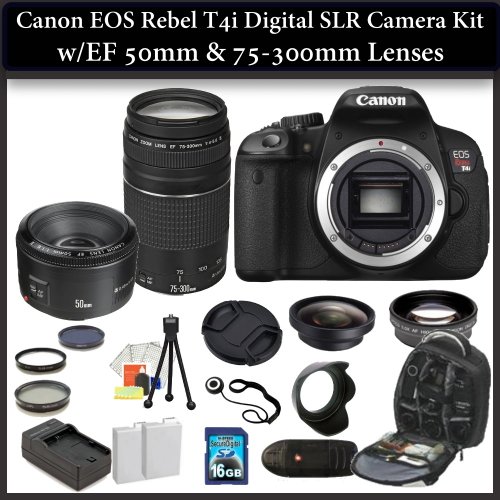 Canon EOS Rebel T4i(650D) Digital SLR Camera Kit with 2 Canon Lenses - EF 50mm f/1.8 II & EF 75-300mm f/4-5.6 III. Also Includes: Wide Angle & Telephoto Lenses, Filter Kit, 16GB Memory Card, Deluxe Shockproof Weather Resistant Camera Backpack & Much More...!! 6558B001