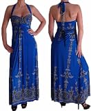 EyeCatchClothing – Slinky Long Maxi Halter Neck Print Dress Royal Blue L/XL