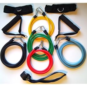 100% NATURAL LATEX TUBES, Power Cords Resistance Bands 11pc Set, Ideal For Home Fitness, Yoga, Pilates, Abs, P90x & Workout with workout guide. Part of the Columbia-Bookfest� PowerCord products.