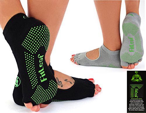 FitLeaf Yoga BAMBOO Socks 2 PAIRS, Non-Slip Grip for Pilates, Barre, Black & Gray