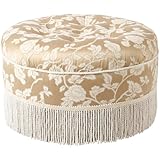 Taupe Floral and Fringe Round Ottoman
