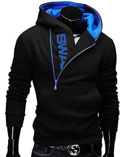Mens Oblique Zipper Hooded Sweatshirt Pullover Kangaroo Pocket