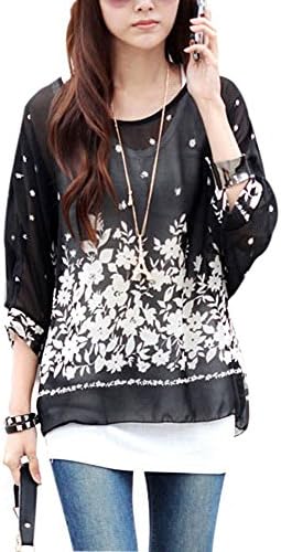 Qianbo Women's Bohemian Loose Off Shoulder Flor Print Chiffon T-Shirt Blouse Pullover Black XL