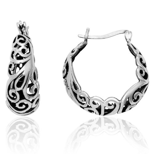 MIMI Sterling Silver Tarnish Free Bali Filigree Round Hoop Crescent