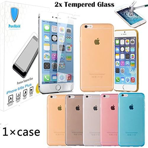 iPhone 6s Plus #1 Pure Shield® [3-Pack ]-SALE HIGHEST QUALITY Case Cover for iPhone 6/6s Plus Case With 2 Pcs Tempered Glass Screen protector for iPhone 6/6s 5.5" Glass &amp; Thin Clear Case (Gold)