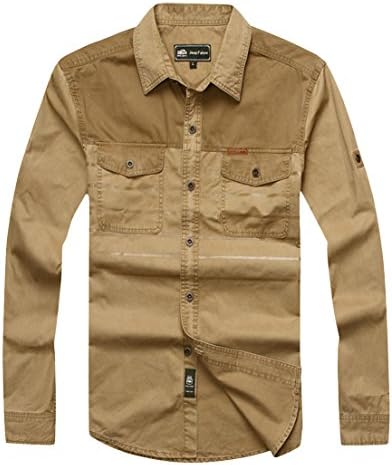 JPD Men's Csaul Washed Lapel Long Sleeves Button Down Collar Shirts Khaki 3XL
