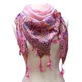 Pink Indie Floral Printed Square Scarf Wrap W/Tassel Trim