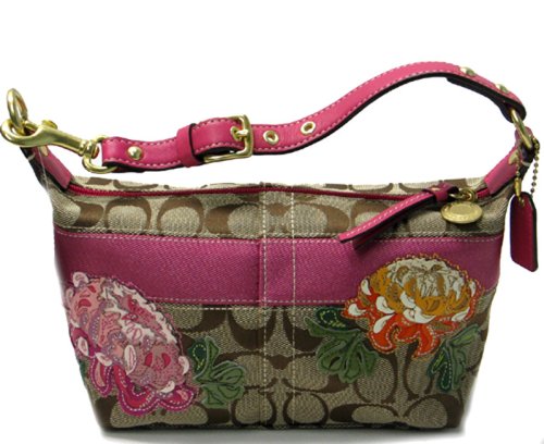 Cover image : AUTHENTIC COACH SIGNATURE STRIPE FLOWER SMALL/COSMETIC TOP HANDLE POUCH 41420 (Khaki/Pink)