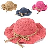 キッズ帽子 子供帽子　春夏UVカット帽子 女の子麦わら帽子日焼け・紫外線予防 紫外線対策 UV つば広帽子 可愛いリボン結びデザイン 全5色 navy,Free