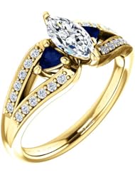 14K Yellow Gold Marquise Cut Diamond and Sapphire Ring -- LIFETIME WARRANTY