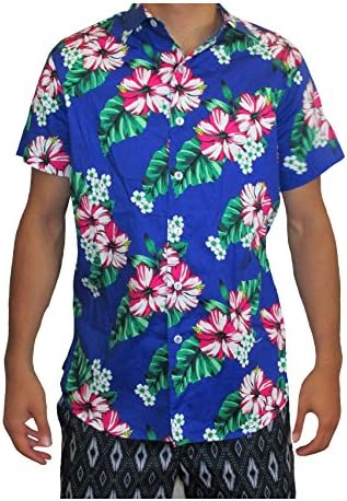 Men's Hawaiian Aloha Traditional Floral Button Down Shirt (2XL, Blue)