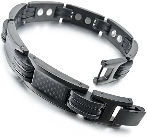 Kalendone Men's Magnetic Therapy Beads Stainless Steel Carbon Fiber Rubber Bracelet Bangle Link Black Stainless Steel Polished Bracelet,9"