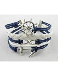 Womens Ladies Blue Rudder Anchor Leather Rope Bracelet Vintage Silver Infinite Style