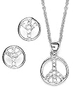 STERLING SILVER CLEAR CZ PEACE SIGN EARRING AND PENDANT SET