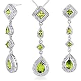Unique Style 4.50 carats Princess Checkerboard Cut Peridot Pendant Earrings Set in Sterling Silver
